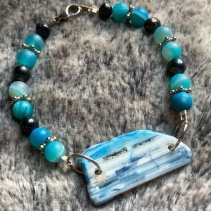 Blue banded Agate Bracelet w/ silver-tone accents